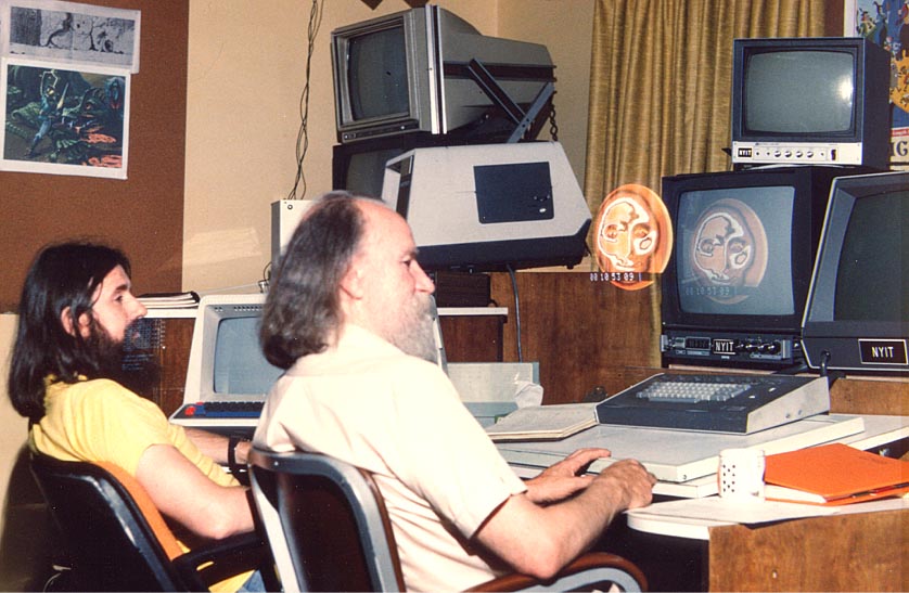 Ed Emshwiller and Alvy Ray Smith work on Sunstone at NYIT in 1979