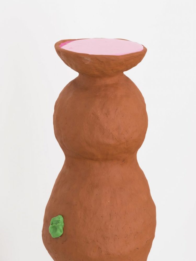 Maximum Strength by Lilli Carré, 2017, terratcotta, Pepto-Bismol, Trident chewing gum on on custom designed and painted pedestal, 17 x 7 x 7 in, pedestal 38 x 11 x 11 in